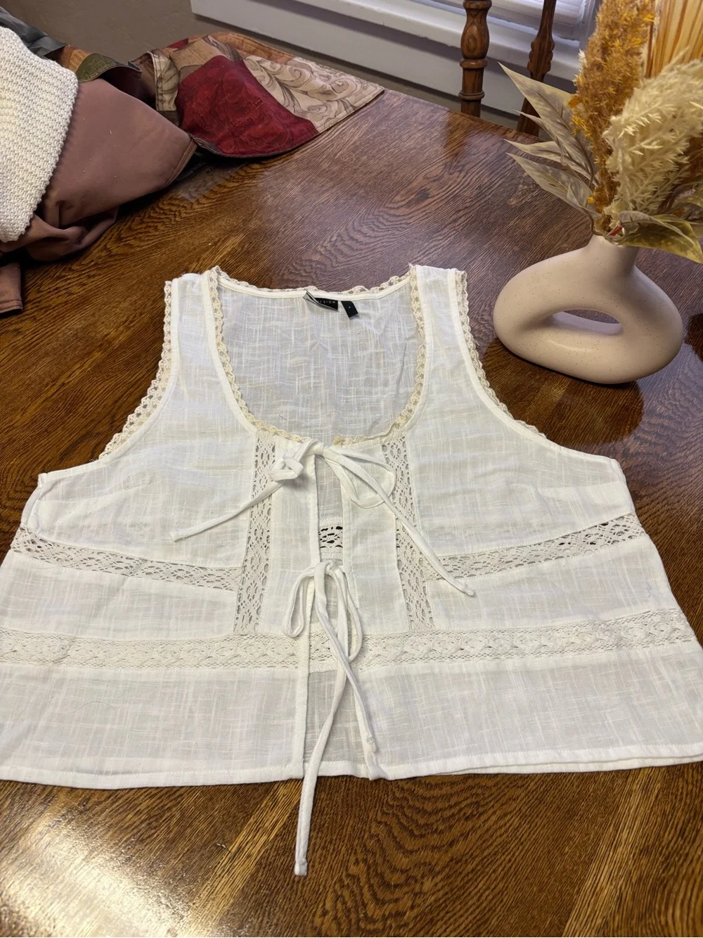 ASOS White Lace-Trim Tie-Front Cotton Chemise Top